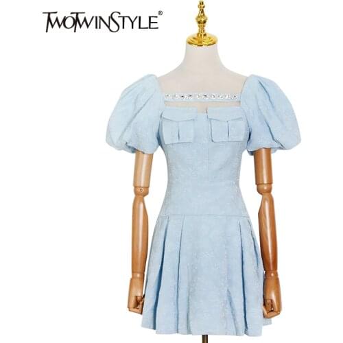 TWOTWINSTYLE Patchwork Casual Dress For Women Square Collar Puff Short Sleeve Pleated Elegant Mini Dresses Female 2021 New Style