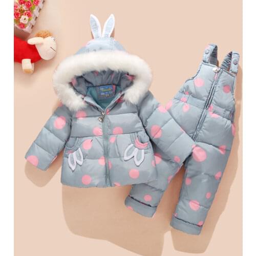 Baby Girl Winter Clothing Set Russian Winter Duck Down Jacket+ Bib Pant Two-piece Hooded Warm Set Kids Snowsuits Winter Jumpsuit