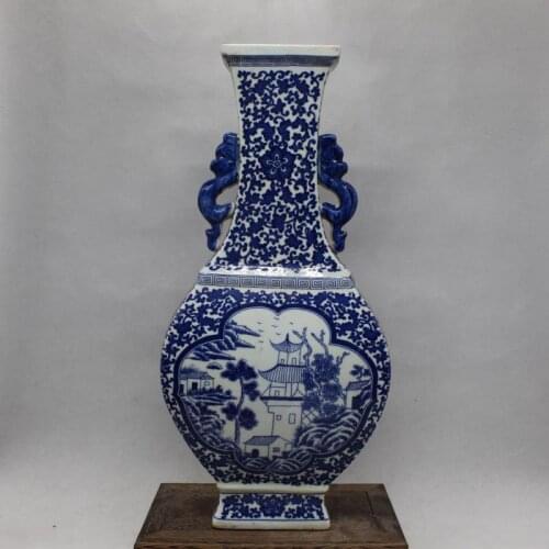 Antique SongDynasty porcelain vase,Blue and white pine bamboo Meilong ear square bottle,Home Decoration collection & adornment