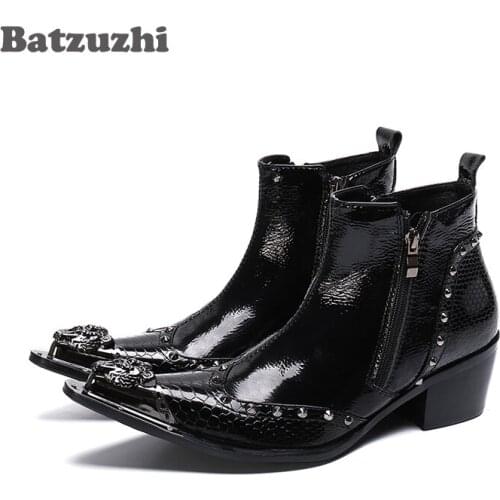 Batzuzhi Fashion Mens Boots Metal Pointed Tip Black Genuine Leather Ankle Boots Zip Business Dress Boot Party, Size 38-47