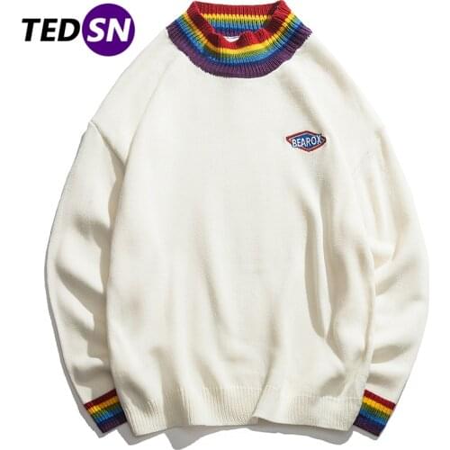 Patch Design Knitwear Sweatshitrs Rainbow Collar Casual Knitted Sweaters Men Winter Harajuku Retro Sweater Pullovers Streetwear