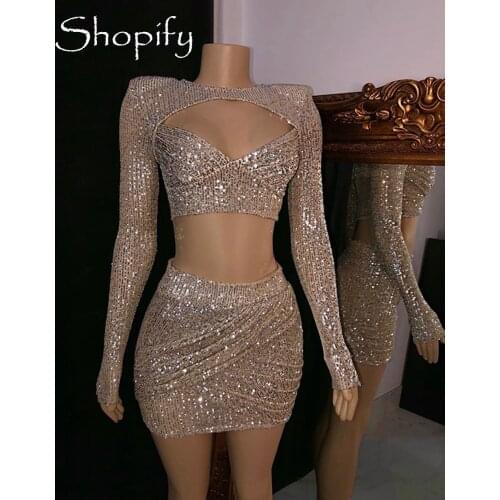 Long Sleeve Straight Sparkly Prom Dresses 2020 Two Piece Sequin African Black Girl Prom Dress