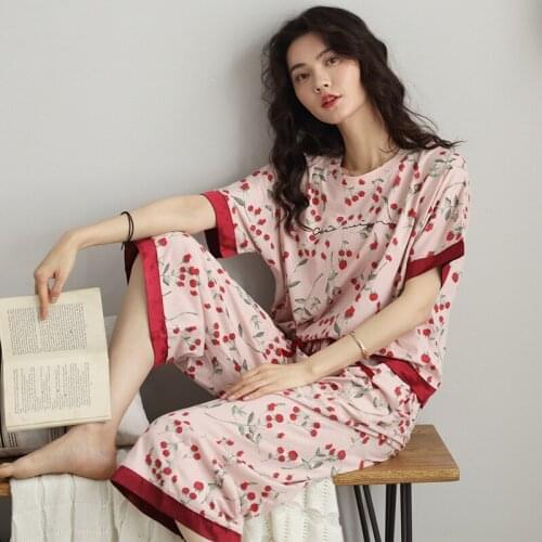 Home Service Pajamas Women 2021 Summer Pure Cotton Short-sleeved Cropped Trousers Two-piece Suit Ladies Home Service Plus Size L