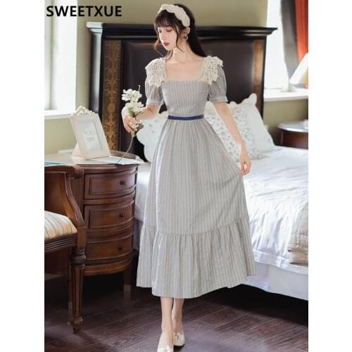 SWEETXUE 2021 Autumn New Retro High Quality Elegant Square Collar Elegant Lace Woman Long Dress