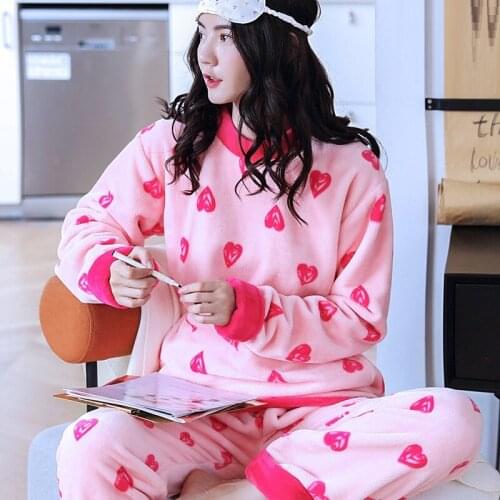 H6001 Sweet Girl Pajamas Set Plus Thick Flannel Round Neck Homewear Women Coral Velvet Autumn Winter Long Sleeves Warm Nightwear