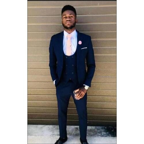 MEN suits 2019 new slim fit navy blue jacket with pants vest 3 piece Business Formal Groom Wedding Dress Tuxedos Suit singer set