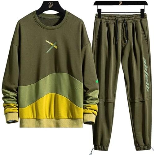 Mens Spring And Autumn Sports Suit Hoodie + Pants Loose Patchwork Color Pants Hip-Hop No Cap Casual Youth Dynamic Style Suit