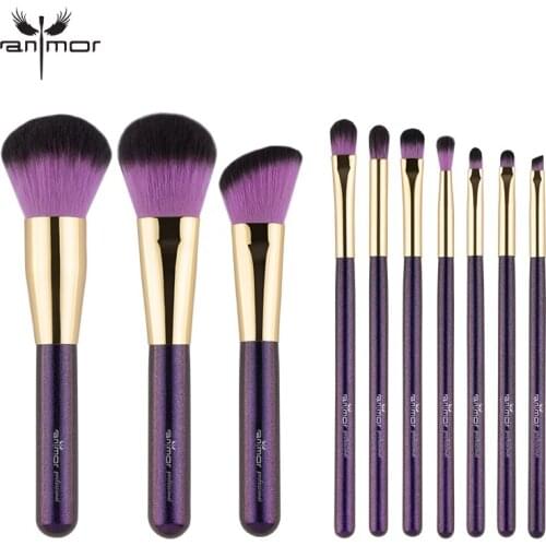 Anmor 10PCS Makeup Brushes Set Gold Full Size Eyeshadow Powder Brush For Make up With Purple Wood Handle Cosmetic Kit Tool
