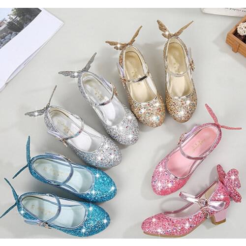 2020 New Kids Princess Dresses Shoes Childrens Performance Bowknot Crystal Shoes Girls Sequins High Heels Party Princess Shoes