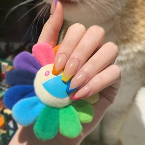 24pcs Rainbow Color Nail Patch Glue Type Removable Mid Length Paragraph Fashion Manicure Save Time False Nail Patch TN