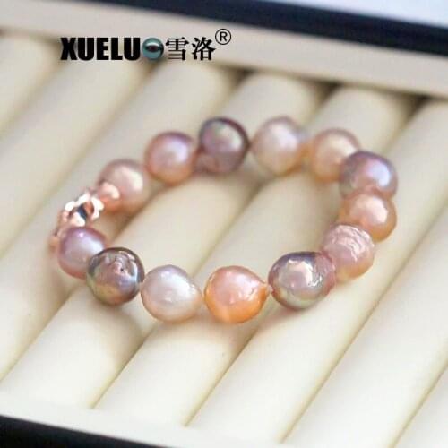 XUELUO 10-12mm Colorful Round Edison Good Quality Baroque Pearl Bracelet, Multicolor Cultured Freshwater Pearl Bracelet Jewelry