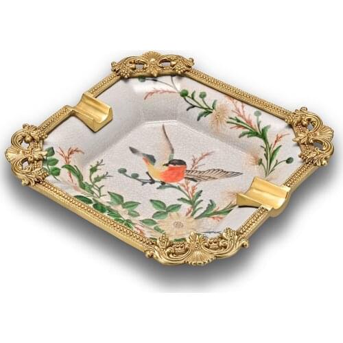 Luxury Cigar Ashtray European Retro Copper Ceramics Cigar Ashtray 2 Slot Ash Tray Flowers Birds Home Office Decoration With Box