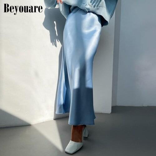 Beyouare Silk Elegant Womens Skirts Fashion Trumpet High Waist Solid Casual Party Satin Female Office Lady Skirts 2021 Summer