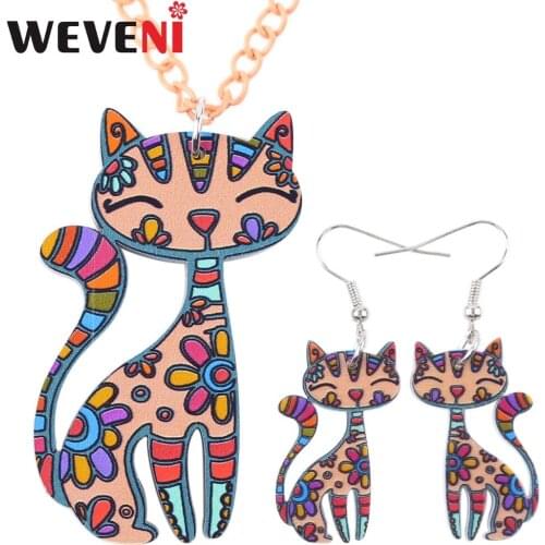 WEVENI Plastic Printing Happy Kitten Cat Jewelry sets Necklace Earrings Hot Trendy Animal Jewelry For Women Drop Shipping
