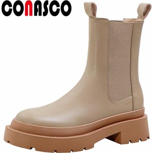 CONASCO New Punk Women Ankle Boots Autumn Winter Warm Cow Leather Party Basic Prom Office New Brand High Quality Shoes Woman