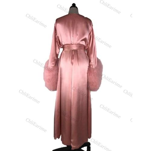 Womens Robe Fur Nightgown Bathrobe Sleepwear Feather Bridal Robe with Belt