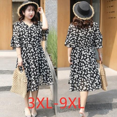 New 2021 summer plus size midi dress for women large short sleeve loose floral print chiffon dress 3XL 4XL 5XL 6XL 7XL 8XL 9XL