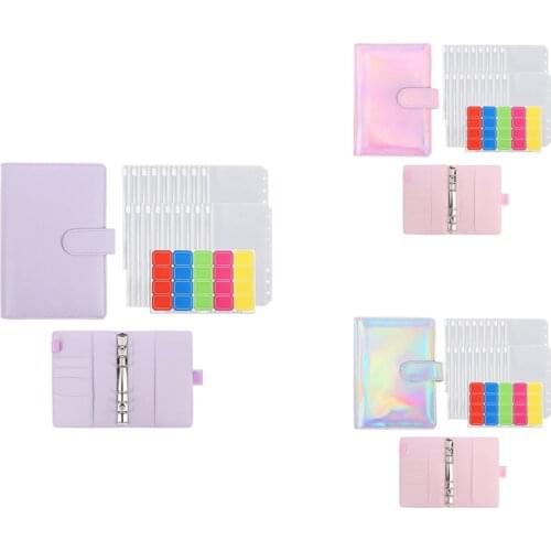 A6 PU Leather Binder Cover Pink Leather Binder File Pocket Loose-Leaf Folder 6-Ring PVC Budget Envelope Binder