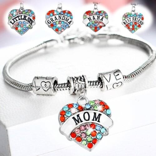 Love Heart Multicolor Crystal Aunt Grandma Mother Bracelet Charm Family Chain Beads Bracelet Women Men Best Friends Gifts