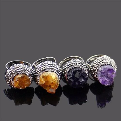 Druzy Natural Crystal Fashion Ring Yellow quartz Purple yellow Crystals Engagement Amethysts Jewe free shipping