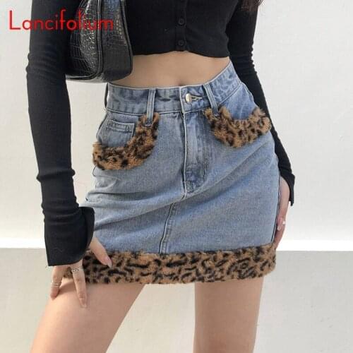 Harajuku Faux Fur Leopard Patchwork Jeans Skirt Women Egirl Y2k Cute Denim Mini Skirt Ladies Streetwear High Waist Bodycon Skort