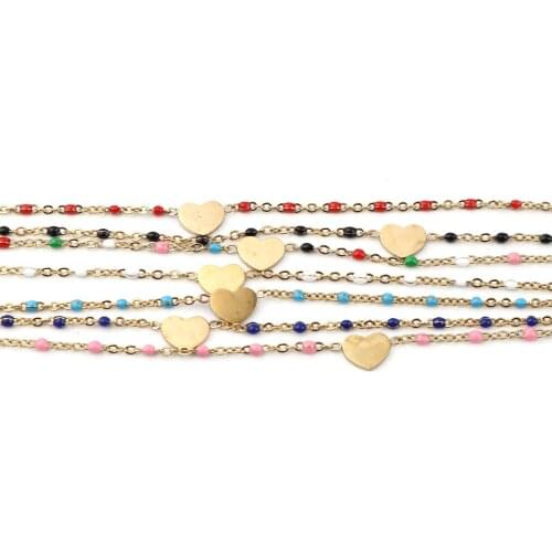 Stainless Steel Anklet Heart Gold Color Enamel Multicolor On Foot Ankle Bracelets Women Men Leg Link Chain Jewelry 23cm,1 PC