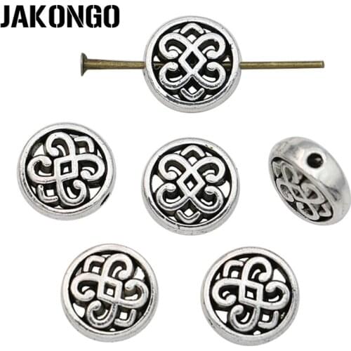 JAKONGO Round Flower Spacer Beads Antique Silver Plated Loose Beads for Jewelry Making Bracelet DIY Handmade Craft 15pcs