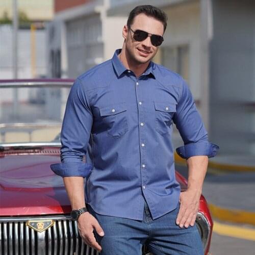 Classic Fashion Two-pocket Mens Denim Long-sleeved Shirt 2021 Spring Autumn New Large Size Loose Shirt Male Trendy Brand Tops