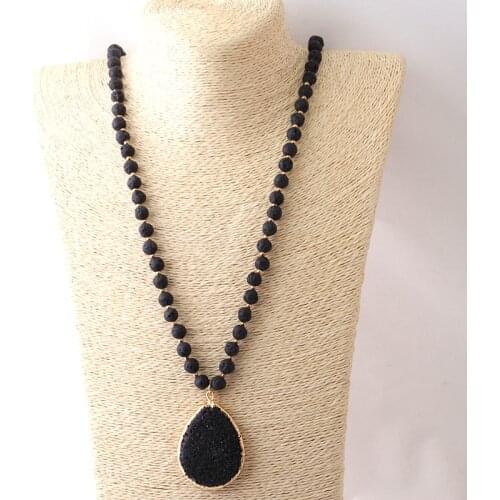 Fashion Black Lave Stone Ethnic Necklace Bohemian Tribal Jewelry Lave Drop Pendant Halsband For Women Lariat Necklaces