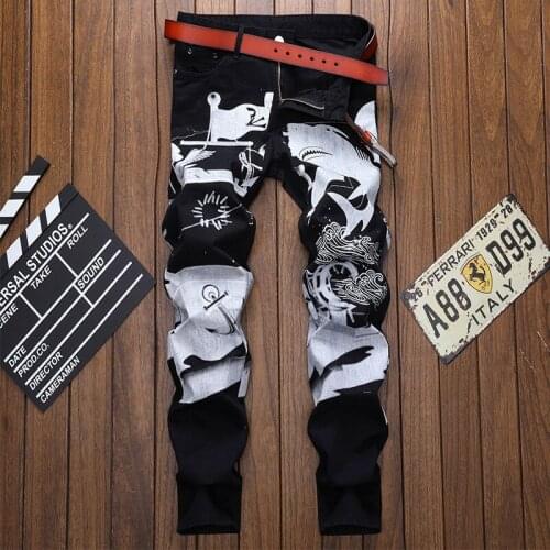Fashion trend spring and autumn new men jeans straight slim personality ink printing male pencil pants denim trousers