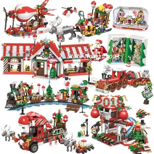 City Train Creator Christmas Winter Village House Santa Gift Set Building Blocks City Street View Architecture Bricks Kids Toys