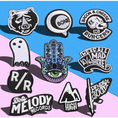 Punk black bear,ghost,Letter flag Patches for Clothing Iron on Embroidered Applique skull Patch Badges DIY Apparel Accessory