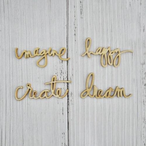 2019 New Dream Happy Magic Create Word Unfinished Wood Shape 4 Diffrernt Wood Stick Embellishments Letter Laser Cut Wood Crafts