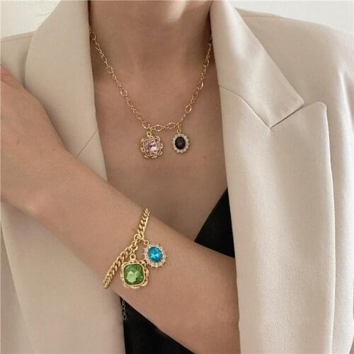2021 New Retro Large Gemstone Pendant Necklace Bracelet Female Oil Painting Color Matching Niche Design Party Wedding Gift