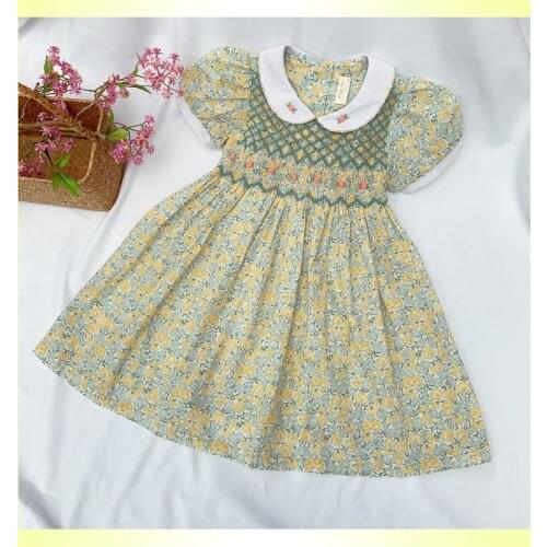 New Arrivals Summer Spanish Children Smocked Dress Baby Toddler Kids Fashion Party Lace Long Sleeve Bow Princess Dresses