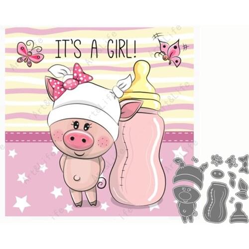 New Metal Cutting Dies Cute Pig Feeding Bottle Stencils for Making Scrapbooking Album Birthday Festival Card Embossing Cut Die