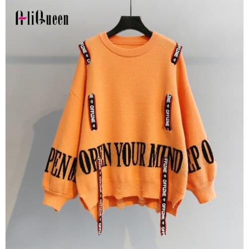2020 Fall Women Letters Ribbon Lantern Long Sleeve Knitted Loose Sweaters Pullover Korean Female Winter Holes Oversized Sweater