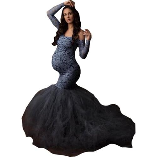 Pregnant Women Pajam Robe Nightgown Sexy Off Shoulder Long Sleeve Lace Tulle Sleepwear Bathrobe Mesh Prom Party Bridesmaid Shawl