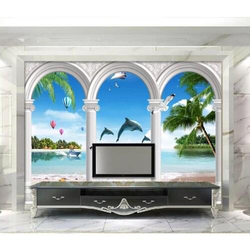 Custom 3d wallpaper for walls 3 d European arches beach island coconut tree dolphins window seascape mural background wall paper