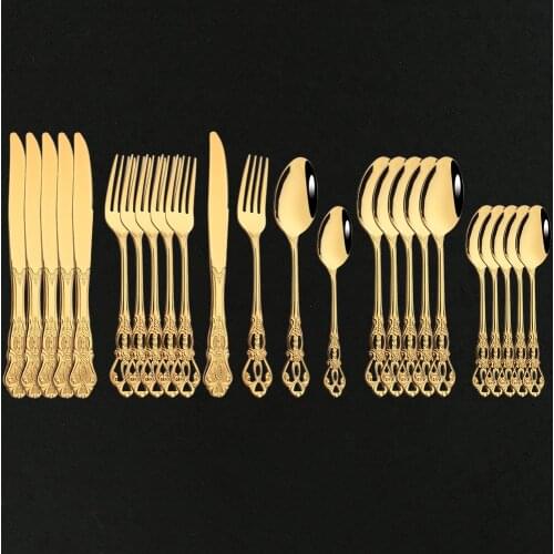 24Pcs/6Set Luxury Gold Flatware Cutlery Dining Set Stainless Steel Dinnerware Tableware Complete Kitchen Knife Spoon Fork Set