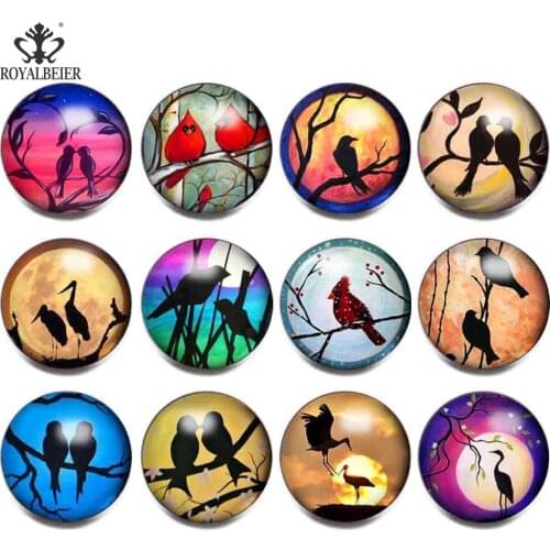 RoyalBeier Love Birds 18mm Snap Buttons 12pcs/Lot Cabochon Glass Snaps Fit DIY Bracelets For Charms Unisex Jewelry Bijoux
