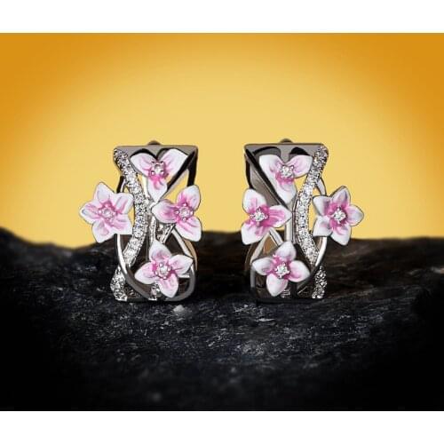 CHARLINLIOL Solid 925 Sterling Silver Ear Stud Temperament Enamel Violet Flowers Earrings for Women Wedding Party Fine Jewelry