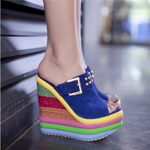 Summer high quality new style sponge cake leather fish toe slippers rainbow waterproof platform wedge sandals