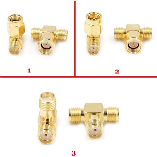 T Type SMA Male Plug to 2 Dual SMA Female RF Coaxial Connector 3 Way Splitter Antenna Converter Gold-Plated Brass