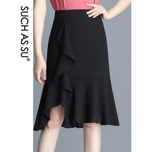 SUCH AS SU Summer 2021 Korean Chiffon Womens Black Dot Mermaid Skirt High Waist Ruffle Knee-Length Skirt S-3XL Size Slim Female
