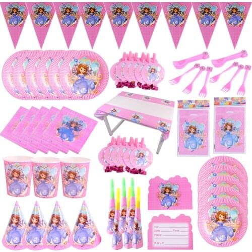 Sofia Princess Theme Paper Plates Straw Cup balloon Party Decoration Birthday Kids Baby Shower Disposable tableware Supplies