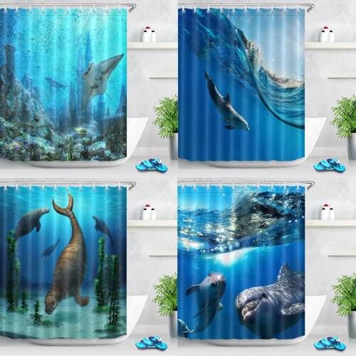 Ocean Underwater Marine Life Shower Curtain Sea World Animals Fish Dolphin Waterproof Kids Bathroom Decor Fabric Bath Curtains