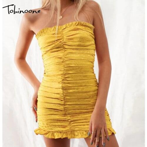 Tobinoone Ruched ruffles Strapless Summer Dress Off Shoulder Zipper Mini Dresses Sexy Club Slim Beach Dress Solid Sundress 2020