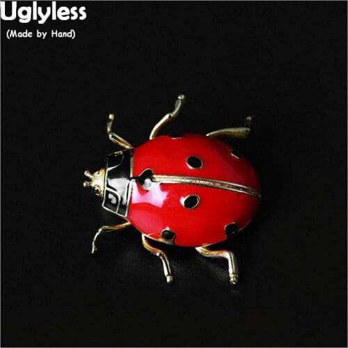 Uglyless 100% Real 925 Sterling Silver Ladybug Brooches for Women Lovely Insect Brooch Enamel Vivid Red Fine Jewelry Handmade