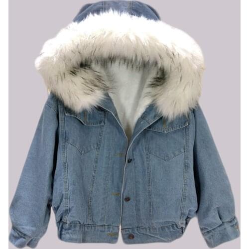 Women Winter Faux Fur Collar Denim Jacket With Big Hooded Long Sleeve Warm Jean Coat Jacket Basic Parkas Female Bomber Coat